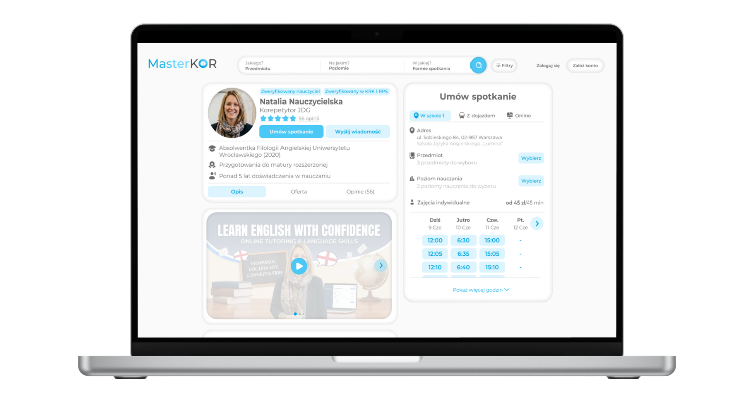 Zrzut ekranu platformy MasterKOR na MacBooku